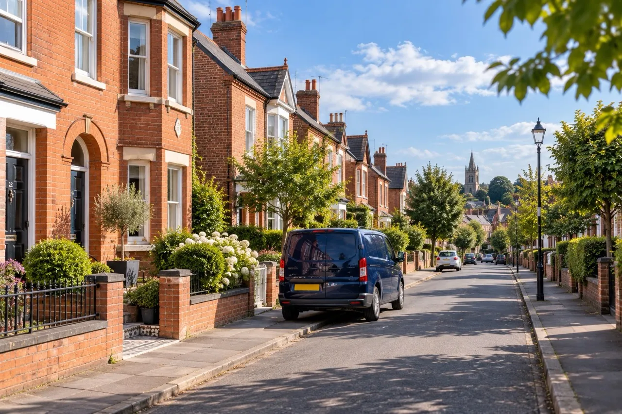 Sunny residential street of red-brick houses in an East Midlands town