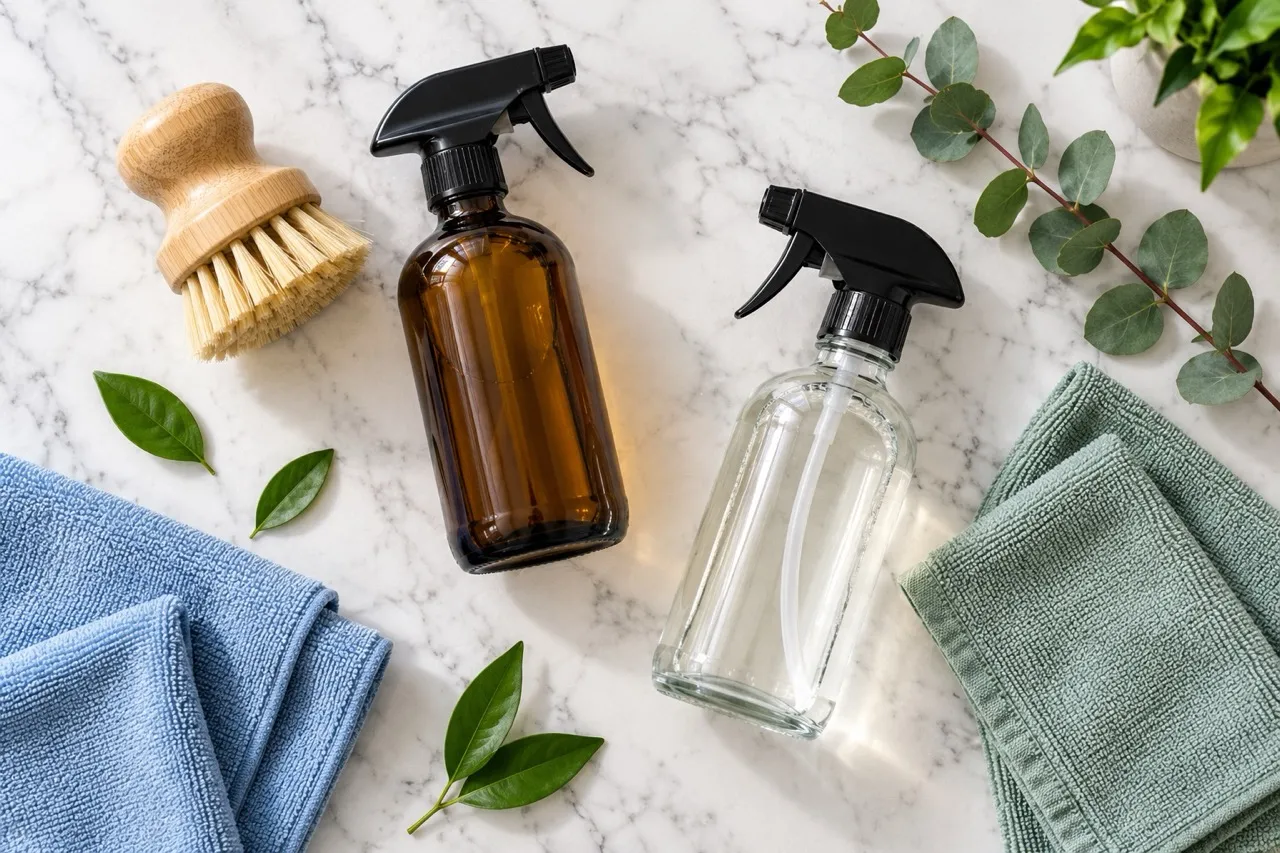 Unlabelled glass spray bottles, a bamboo brush, microfibre cloths and fresh leaves on marble