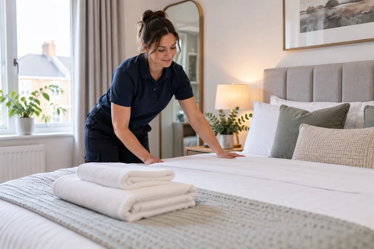 Cleaner making a fresh white bed with folded towels in a short-let bedroom