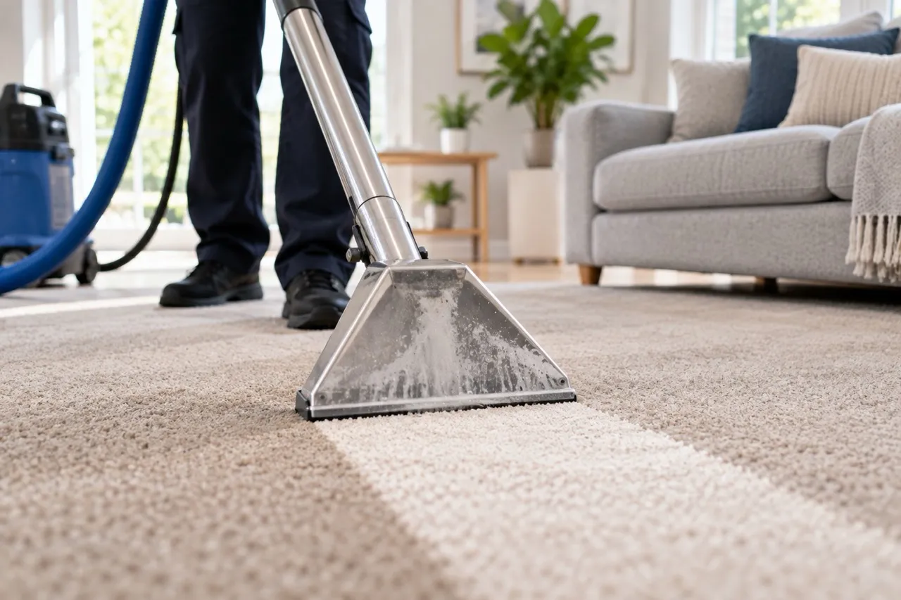 Carpet cleaning machine leaving a clean stripe across a carpet