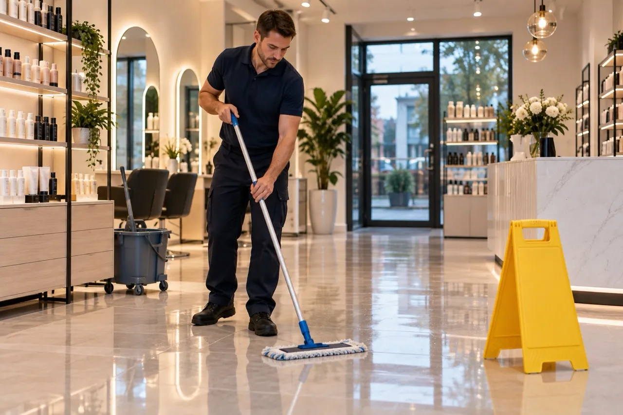 Cleaner mopping the floor of a bright salon