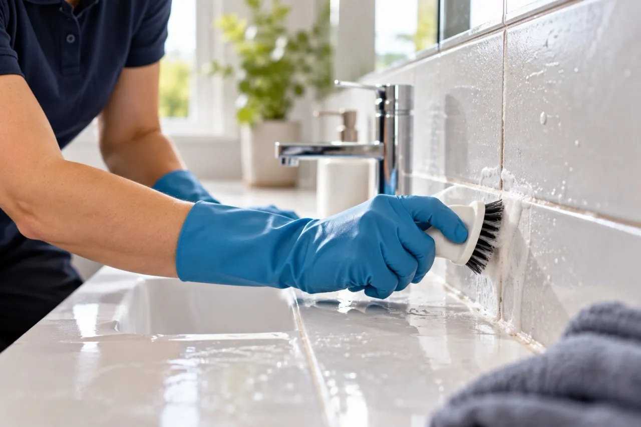 Gloved hand scrubbing bathroom tile grout with a detail brush