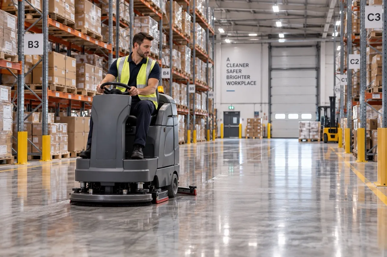 Ride-on floor scrubber cleaning a large warehouse floor