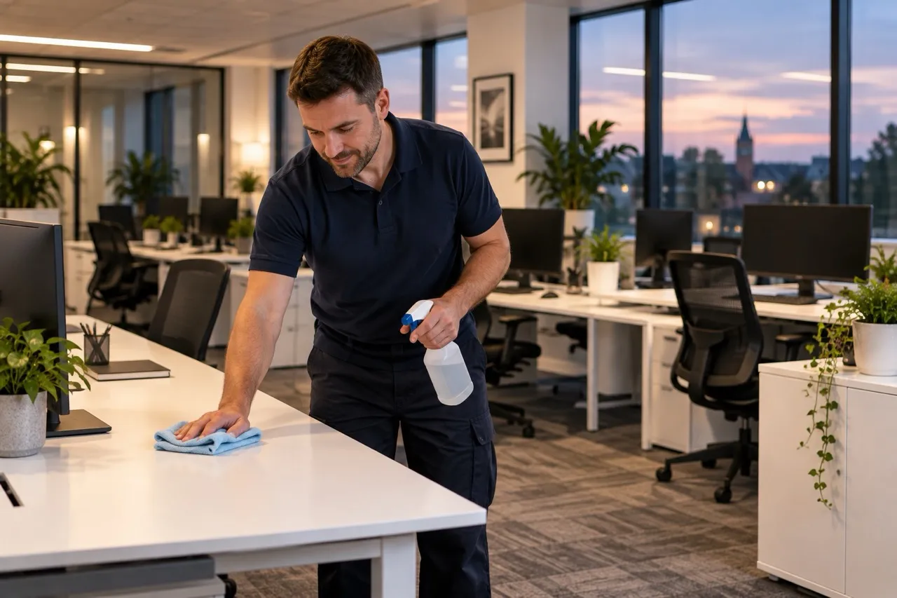 Cleaner wiping down a desk in a modern open-plan office at dusk