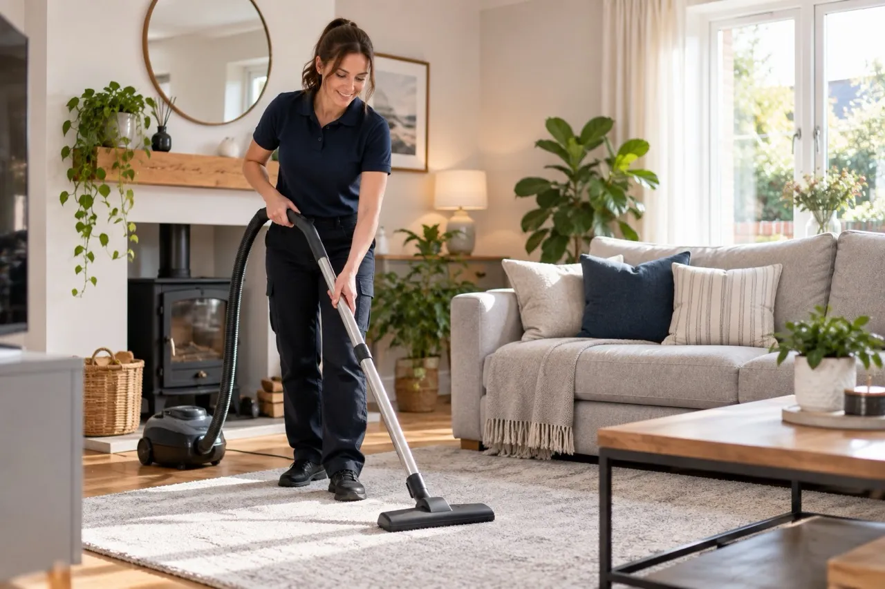Cleaner vacuuming a rug in a bright living room