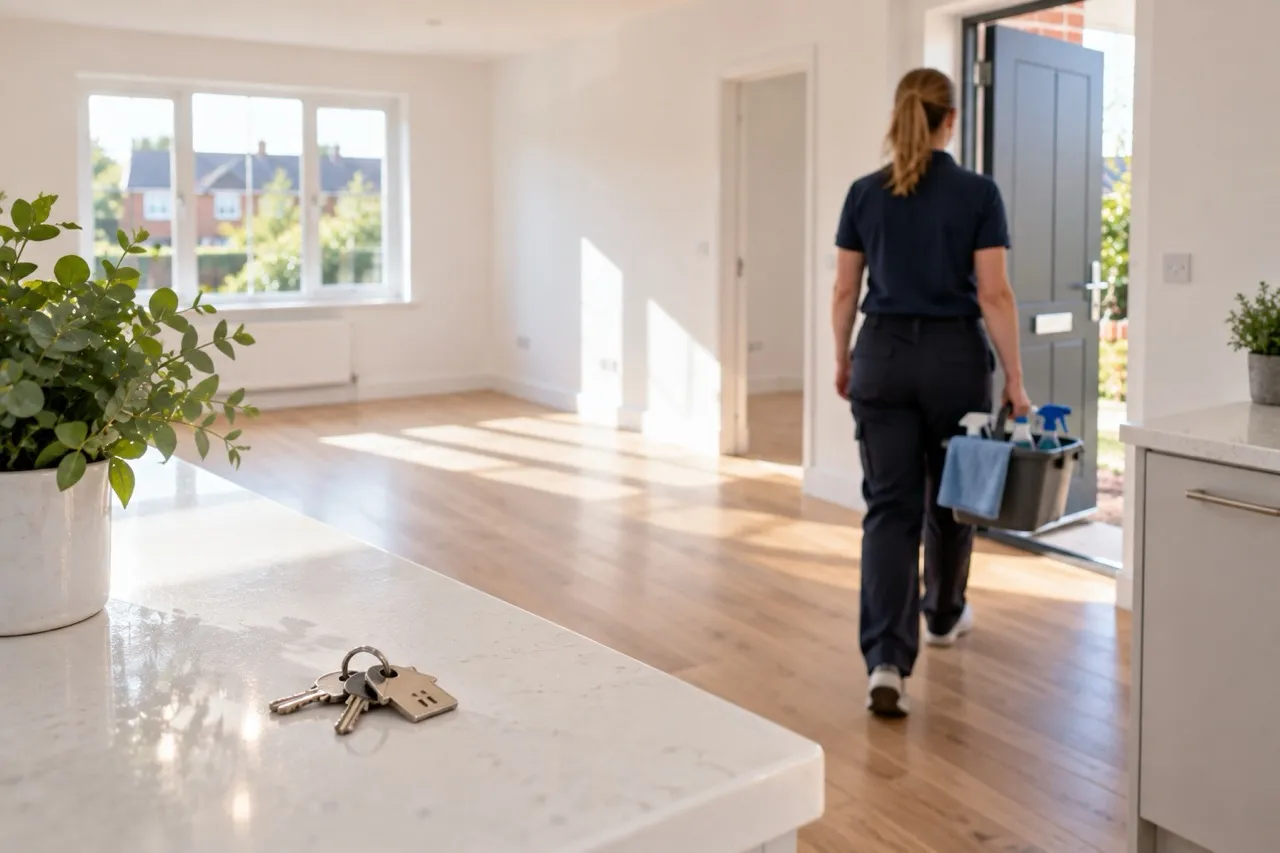 Cleaner leaving a spotless empty flat with keys on the kitchen worktop